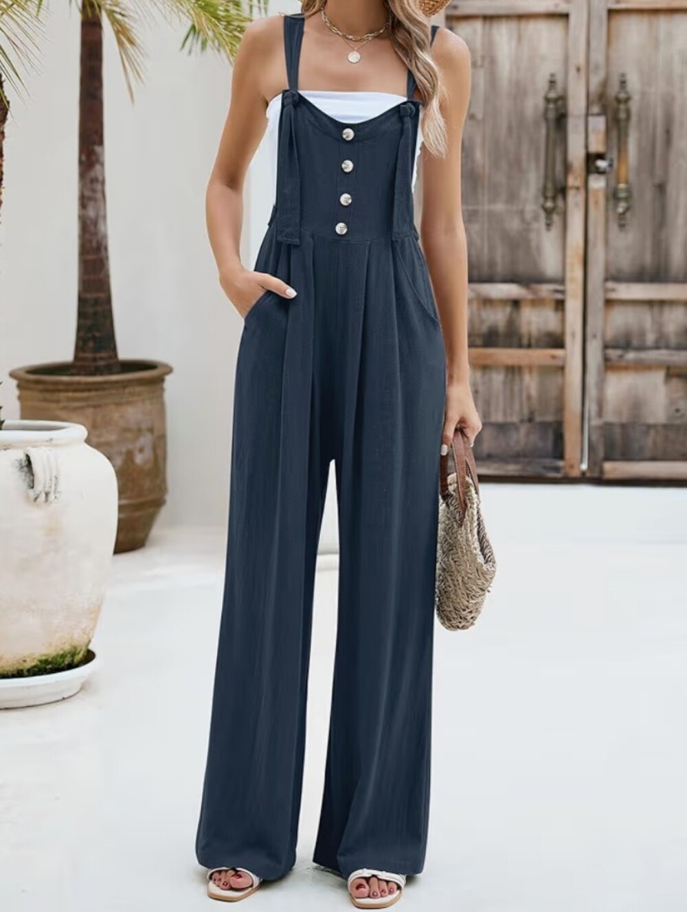 Button-Front Wide-Leg Navy Jumpsuit with Pockets
